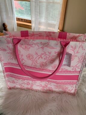 Fleur & Fig Pink Floral Canvas Tote Bag with Stripe Lining NWT